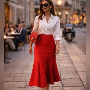 Victoria Beckham Red Cherry XS Wool Flare Midi Skirt NWT Designer Luxury Chic
